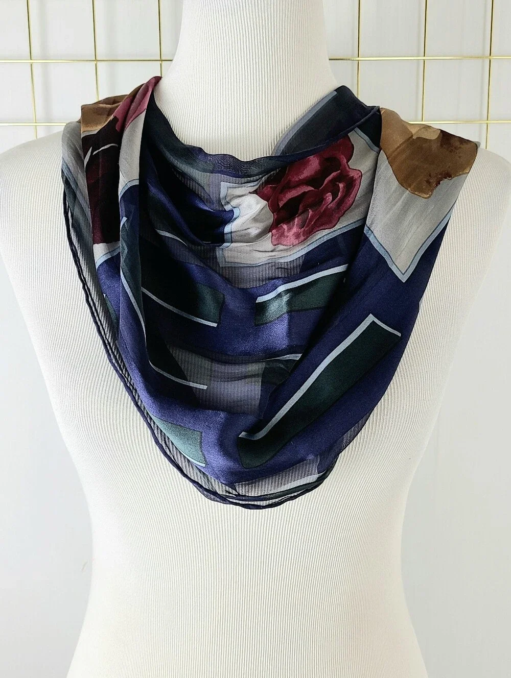 Halston Navy Burgundy Rose Floral Oblong Vintage Silk Scarf